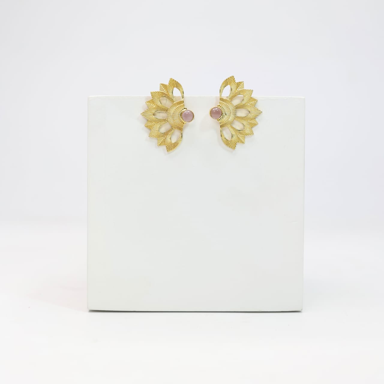 Sterling Silver stud earrings with 18 karat micron plating, Patterned tops with pink chalcydony in Push-Post closure.