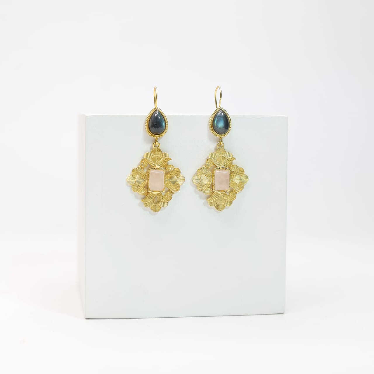 Sterling Silver long hook earrings with 1 micron plating with Labradorite and rose Quartz.