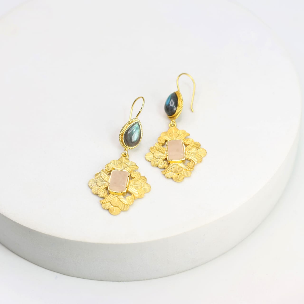 Sterling Silver long hook earrings with 1 micron plating with Labradorite and rose Quartz.