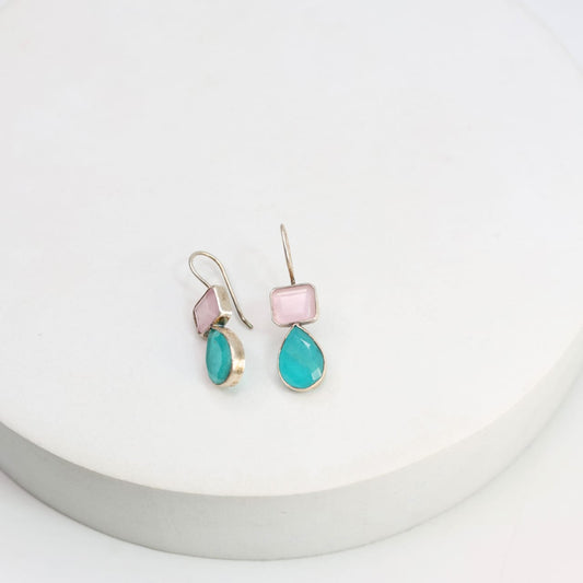 Sterling Silver Pink Chalcy and blue quartz hook earrings.