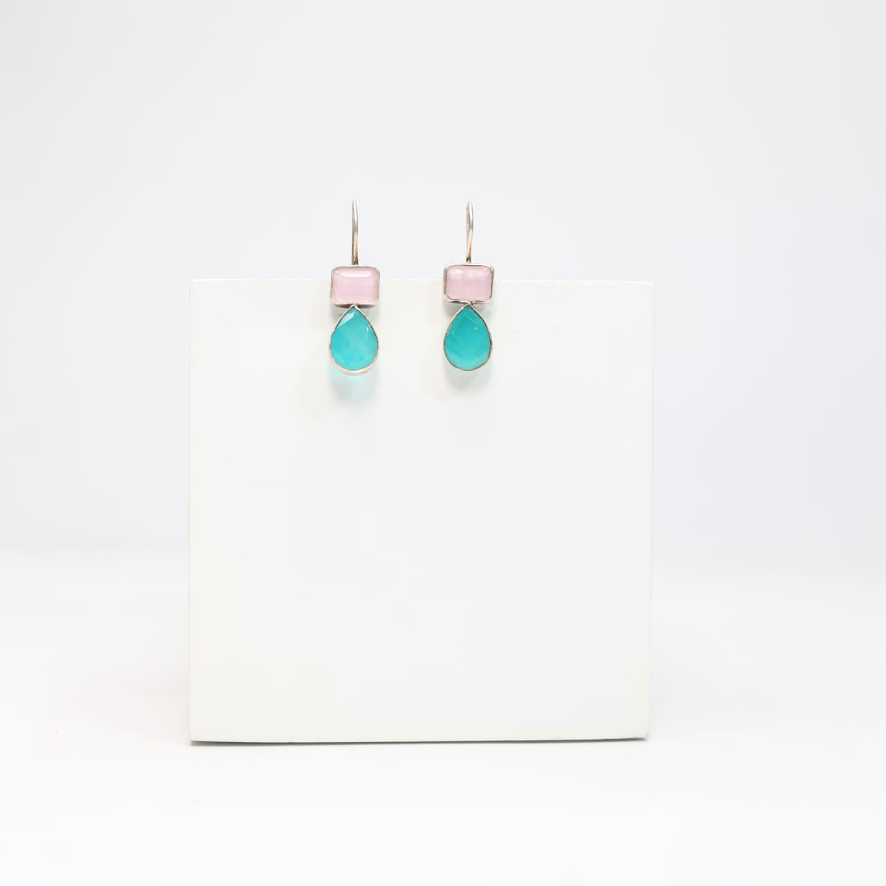 Sterling Silver Pink Chalcy and blue quartz hook earrings.