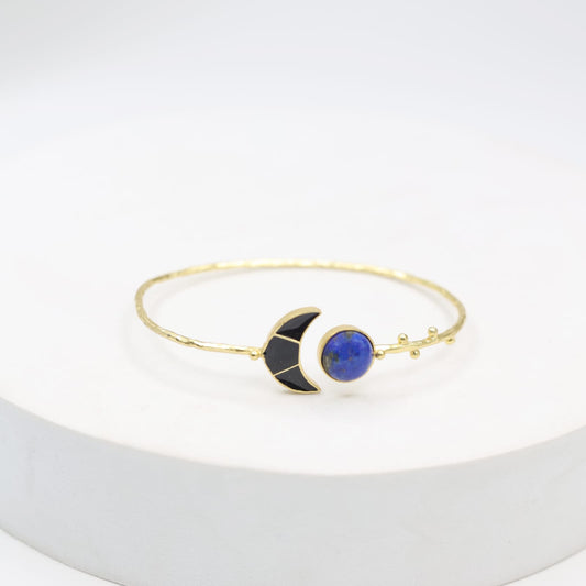 Sterling Silver bracelet with texturing in 1 micron gold plating with Enamelling and Lapis Lazuli stone, adjustable.