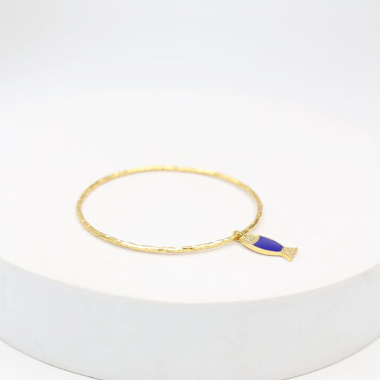 Sterling Silver bangle with a cute fish charm with blue enamelling.