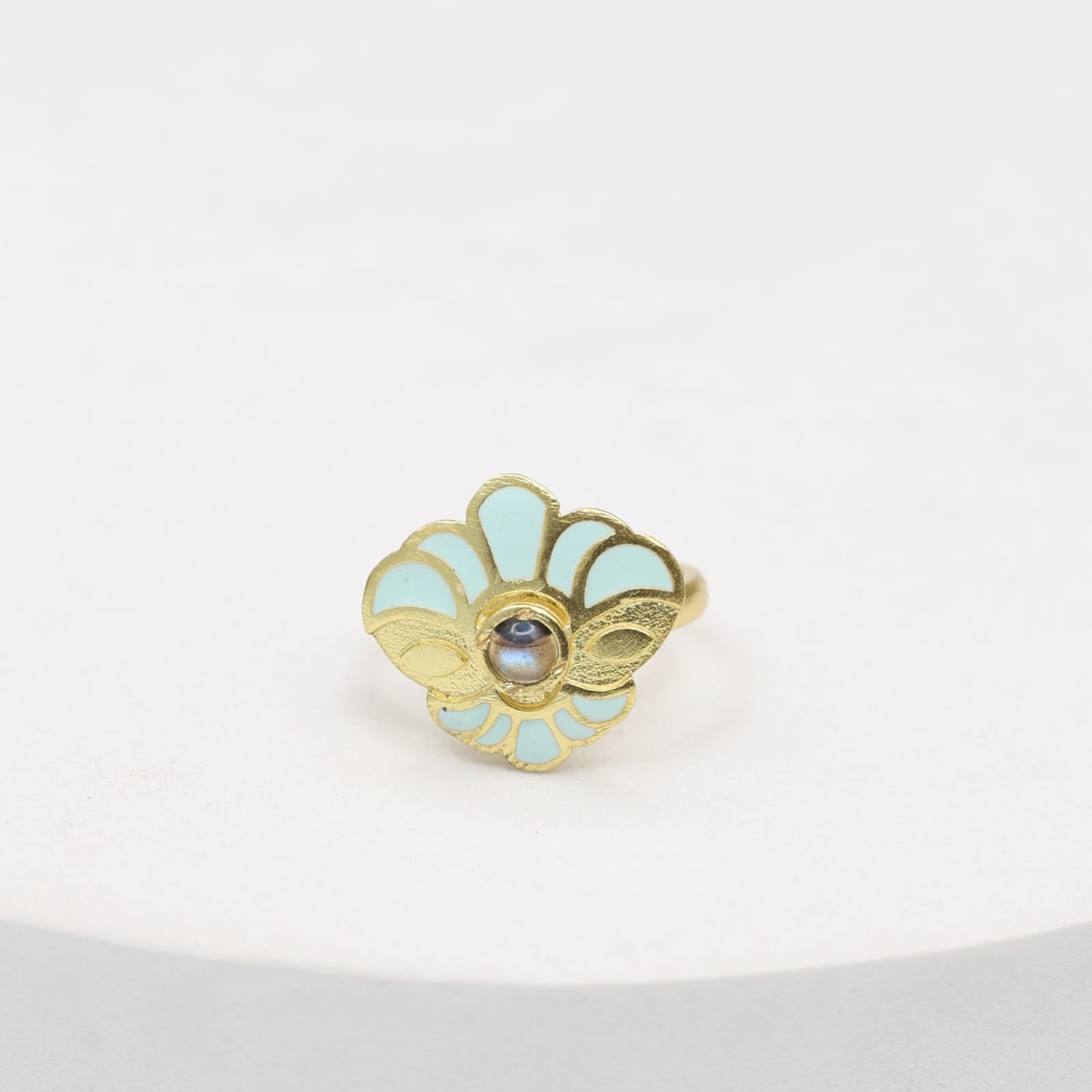 Enamel Floret ring with enamelling, set in sterling Silver with 1 micron gold plating, adjustable.