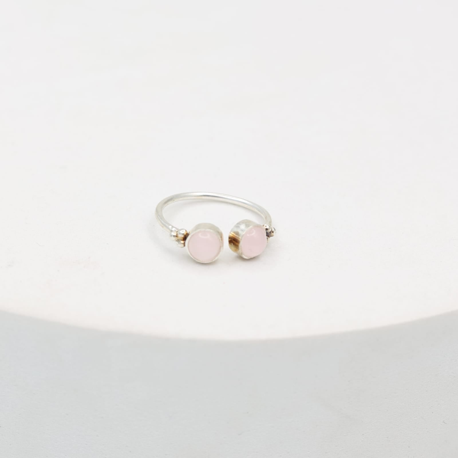 Two stone ring with rose Quartz set in sterling Silver, adjustable.