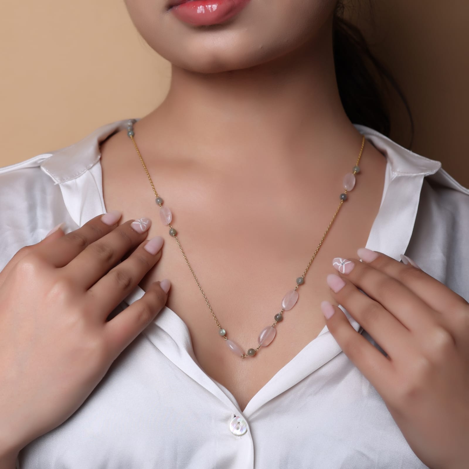Sterling Silver Gold plated smoky Quartz with peridot beaded string necklace.
