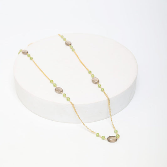 Sterling Silver Gold plated smoky Quartz with peridot beaded string necklace.