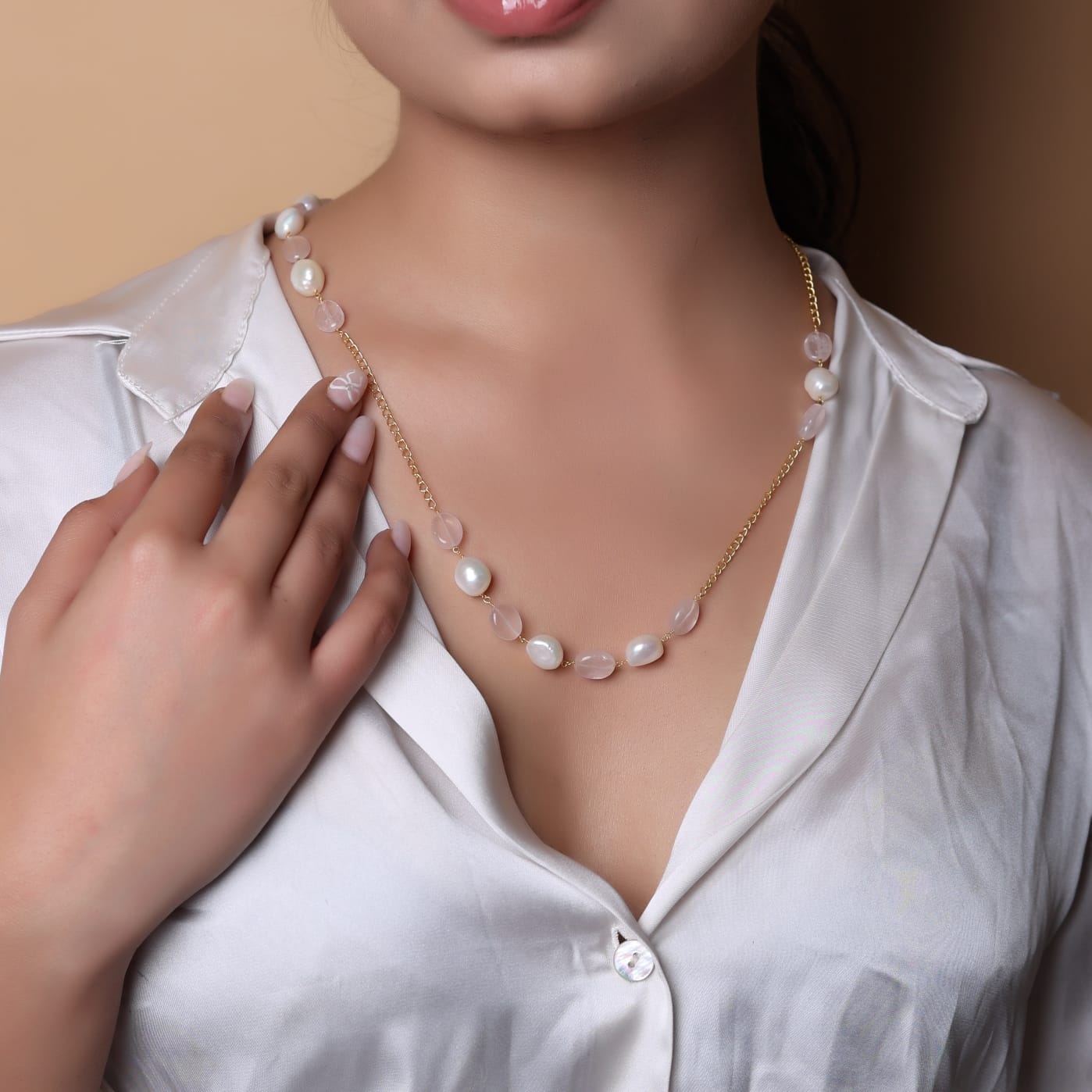 Sterling Silver Gold plated rose Quartz and fresh water pearl string in 18 karat Gold plating.