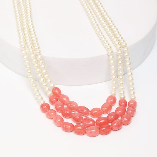 Pearls and red tumbles string necklace in multi colored thread sarafa closure.