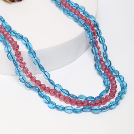 Blue Chalcydony and red melon string necklace in red colored thread sarafa closure.