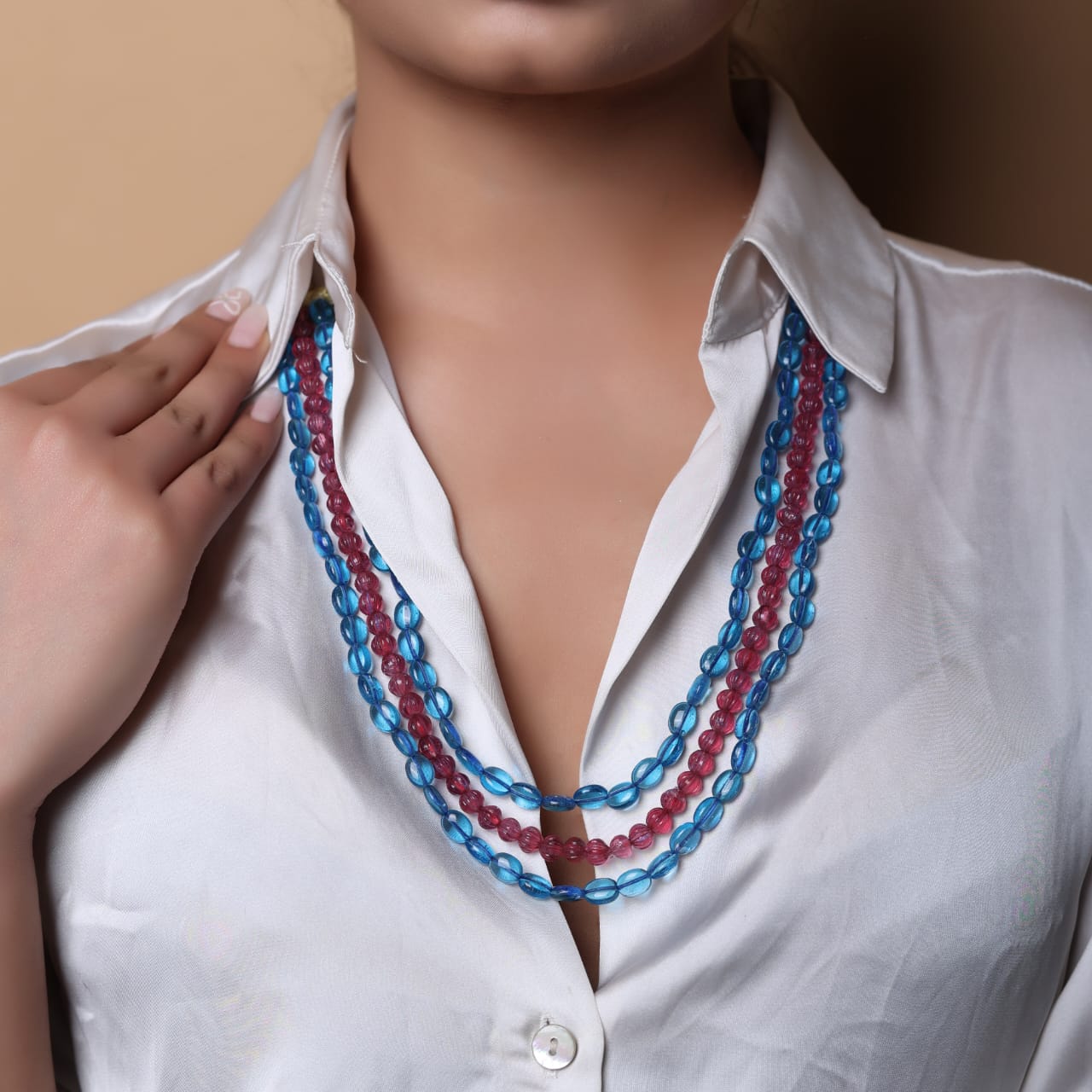 Blue Chalcydony and red melon string necklace in red colored thread sarafa closure.