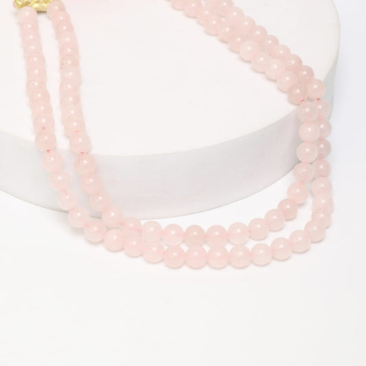 Rose Quartz double string necklace with multi colored thread in sarafa closure.
