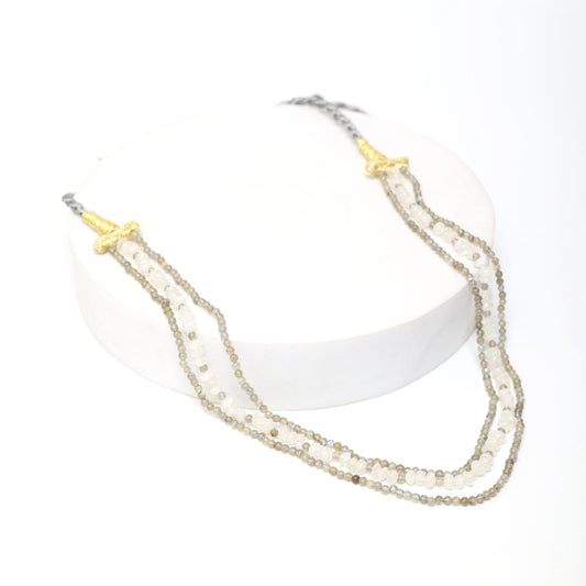 Labradorite and Moonstones three layered string necklace in grey Sarafa closure. 
Length: 18-20 inches.