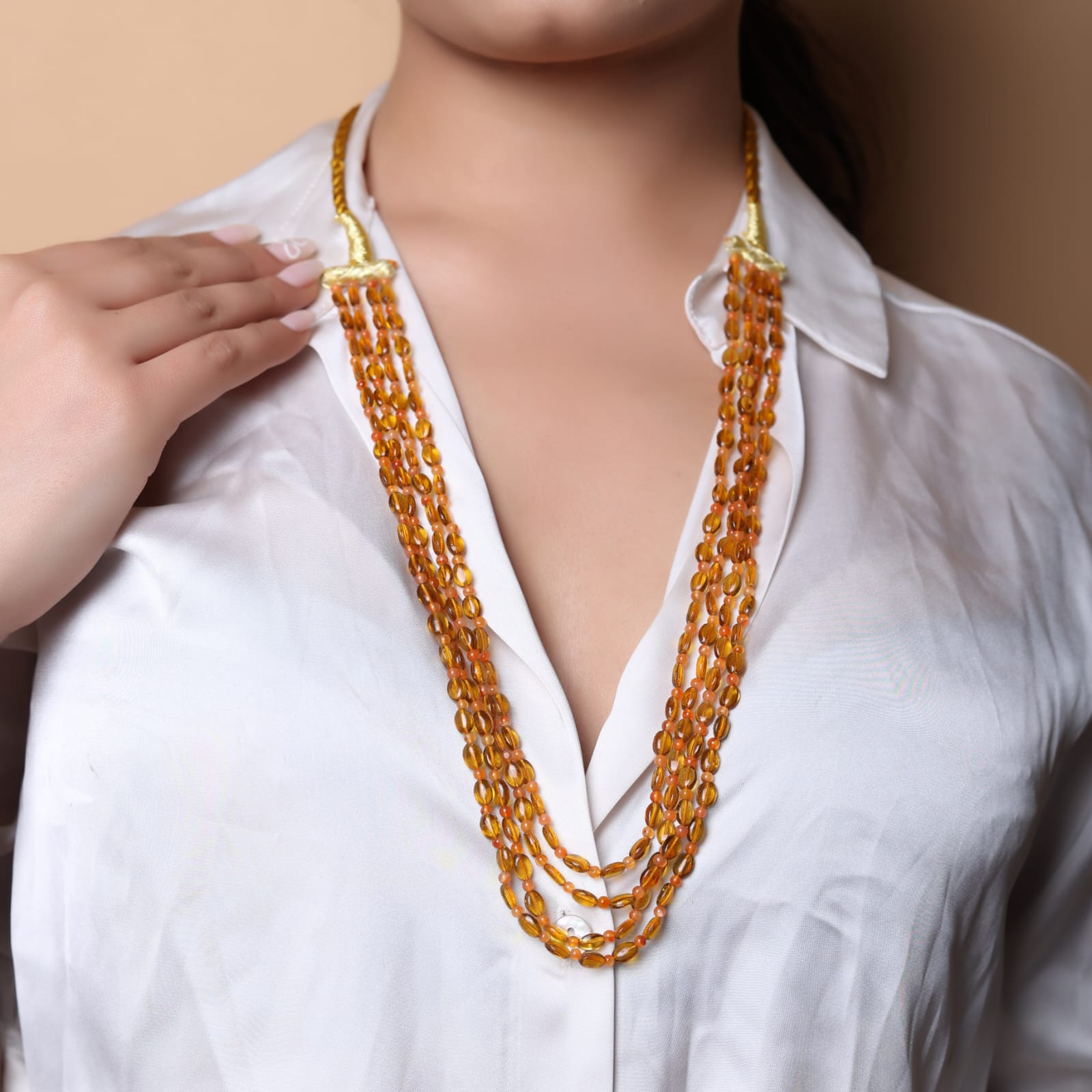 Yellow Quartz and beads in double layered string necklace in Sarafa closure.
Length: 18-20 inches.