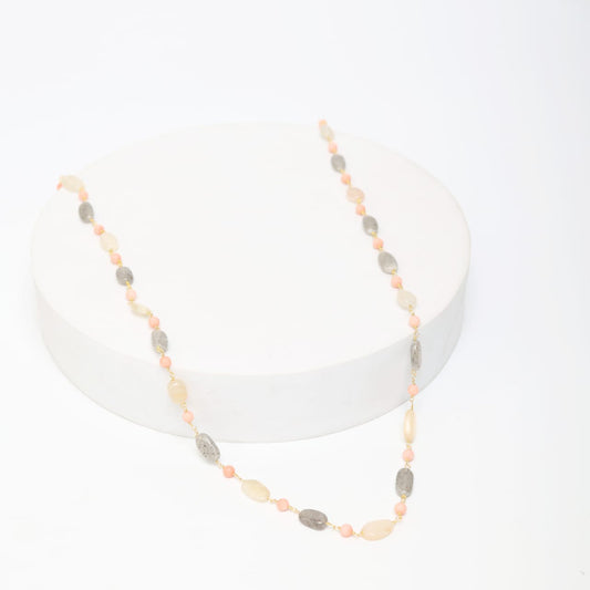 Multi beads necklace with smoky, coral Quartz.