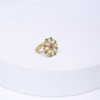 92.5 Sterling Silver phool ring with Billor Polki and jadau stones in 18k Gold plating, adjustable.