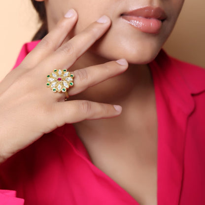 92.5 Sterling Silver phool ring with Billor Polki and jadau stones in 18k Gold plating, adjustable.