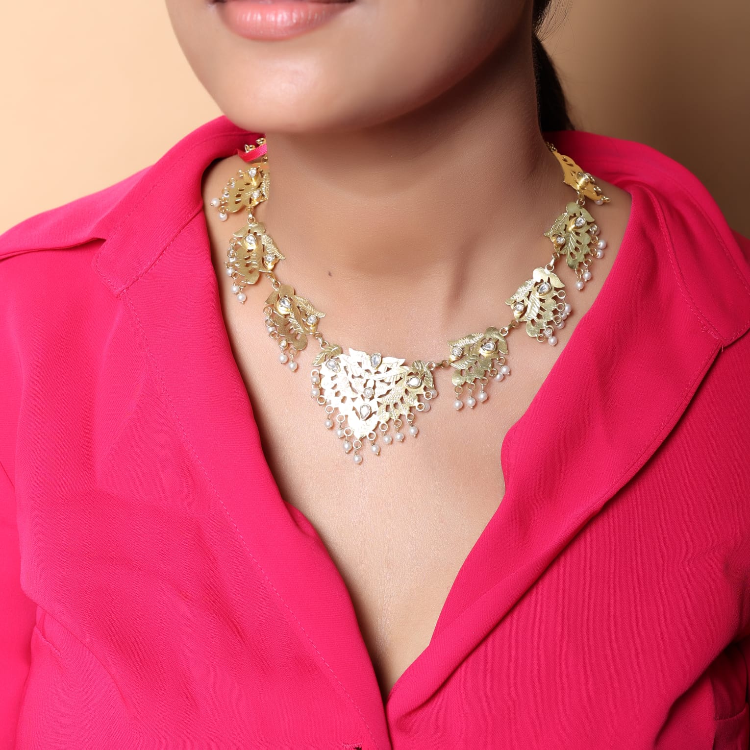 92.5 Sterling Silver choker with cut work and Crystals strung with Pearls in 18 karat Gold plating and Sarafa closure.