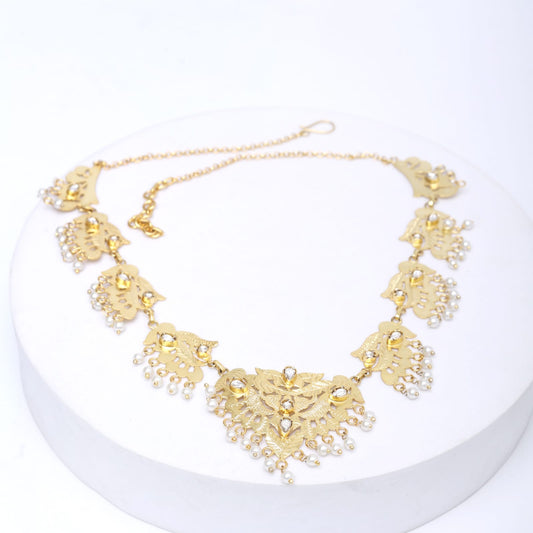 92.5 Sterling Silver choker with cut work and Crystals strung with Pearls in 18 karat Gold plating and Sarafa closure.