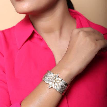 Sterling silver cuff bracelet with pattern. Flower with Billor Polki motif,
Stacking cuff in 18 micron Gold plating.