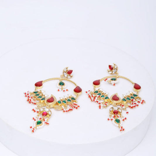Sterling Silver Jadau Chand Bali earrings with red, green jadau stones and billor Polki in 18 k micron Gold plating with Pearls drops in Pin-Post closure.