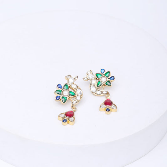 Mayur drop earrings in Sterling Silver with blue, red, green Jadau stones and Billor Polki in 18 k micron Gold plating in Pin-Post closure.