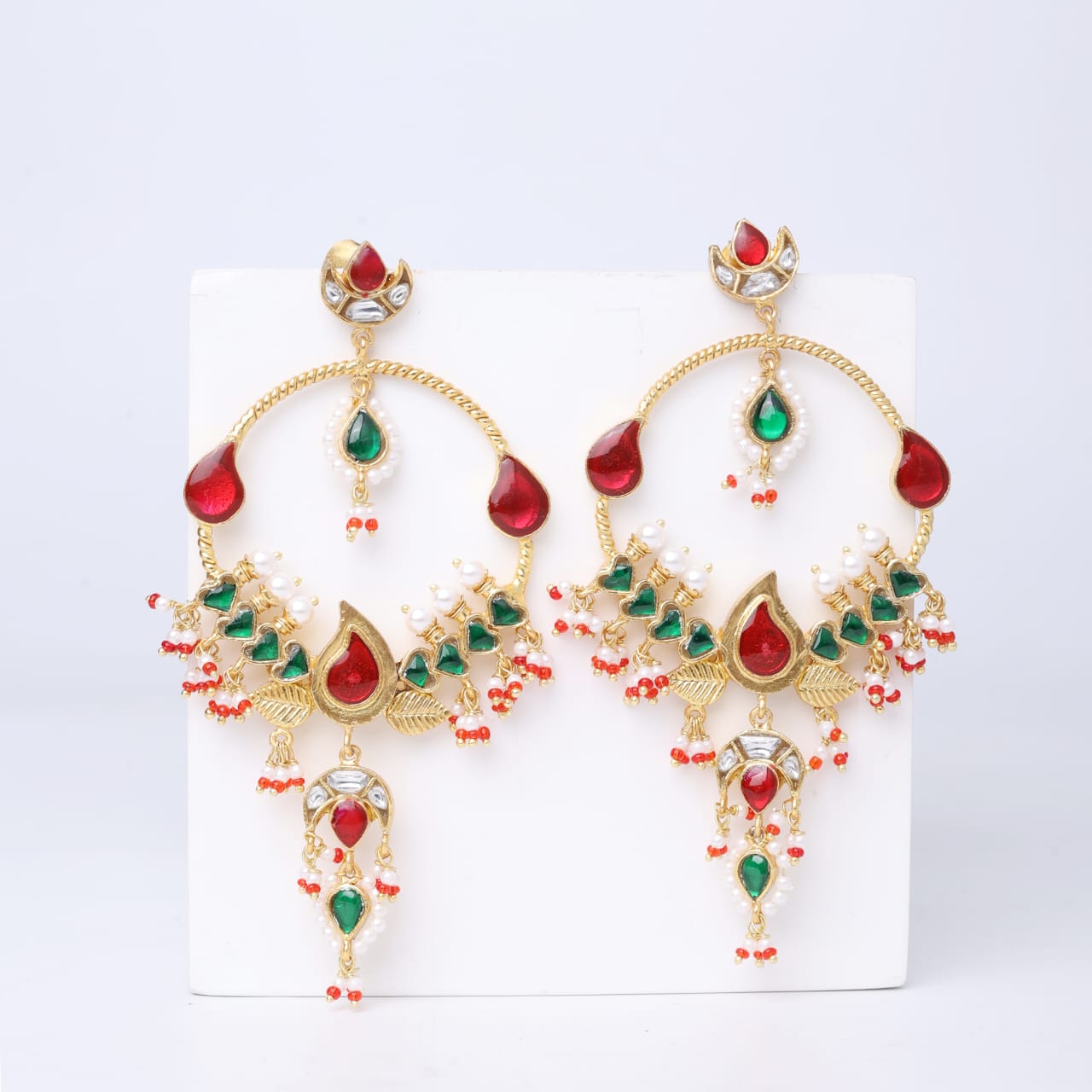 Sterling Silver Jadau Chand hoops earrings with red, green jadau stones and billor Polki in 18 k micron Gold plating with Pearls drops in Pin-Post closure.