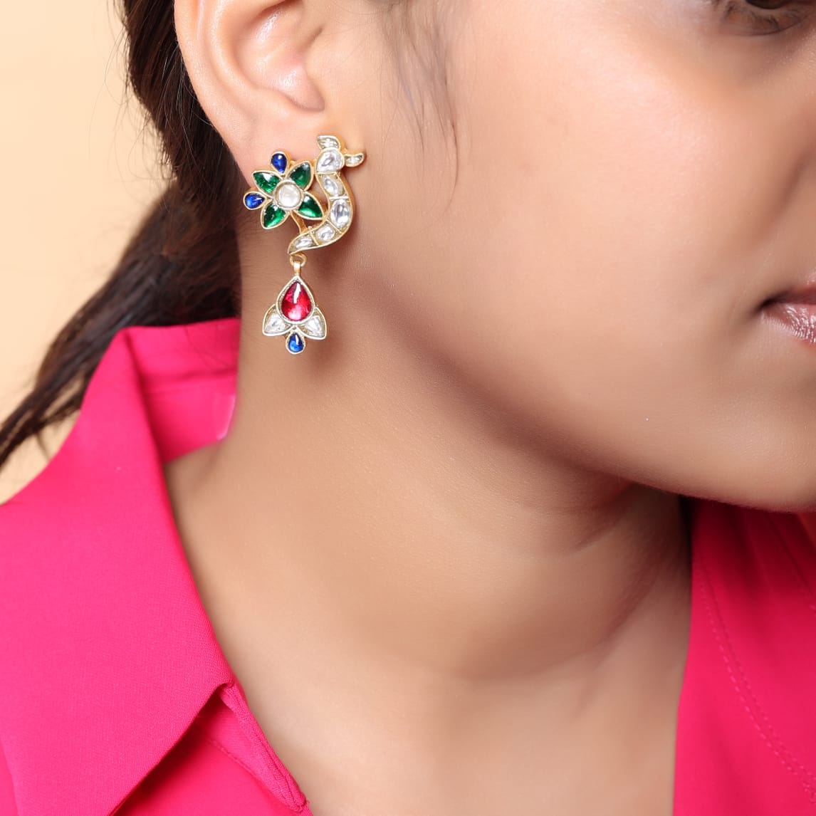 Mayur drop earrings in Sterling Silver with blue, red, green Jadau stones and Billor Polki in 18 k micron Gold plating in Pin-Post closure.