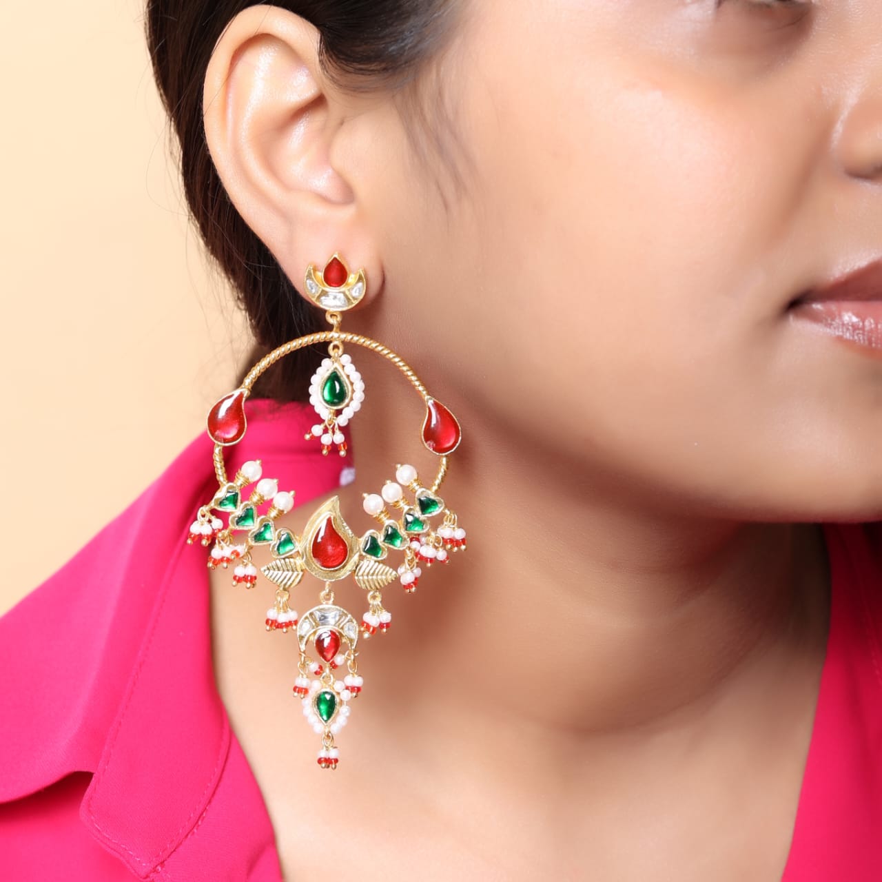Sterling Silver Jadau Chand hoops earrings with red, green jadau stones and billor Polki in 18 k micron Gold plating with Pearls drops in Pin-Post closure.