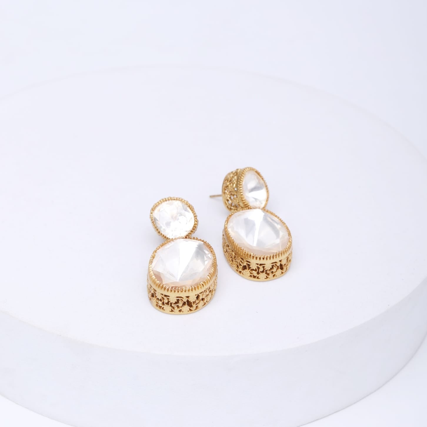 Moissanite earrings with Moissanite polkis, Sterling silver with 24 k plating.