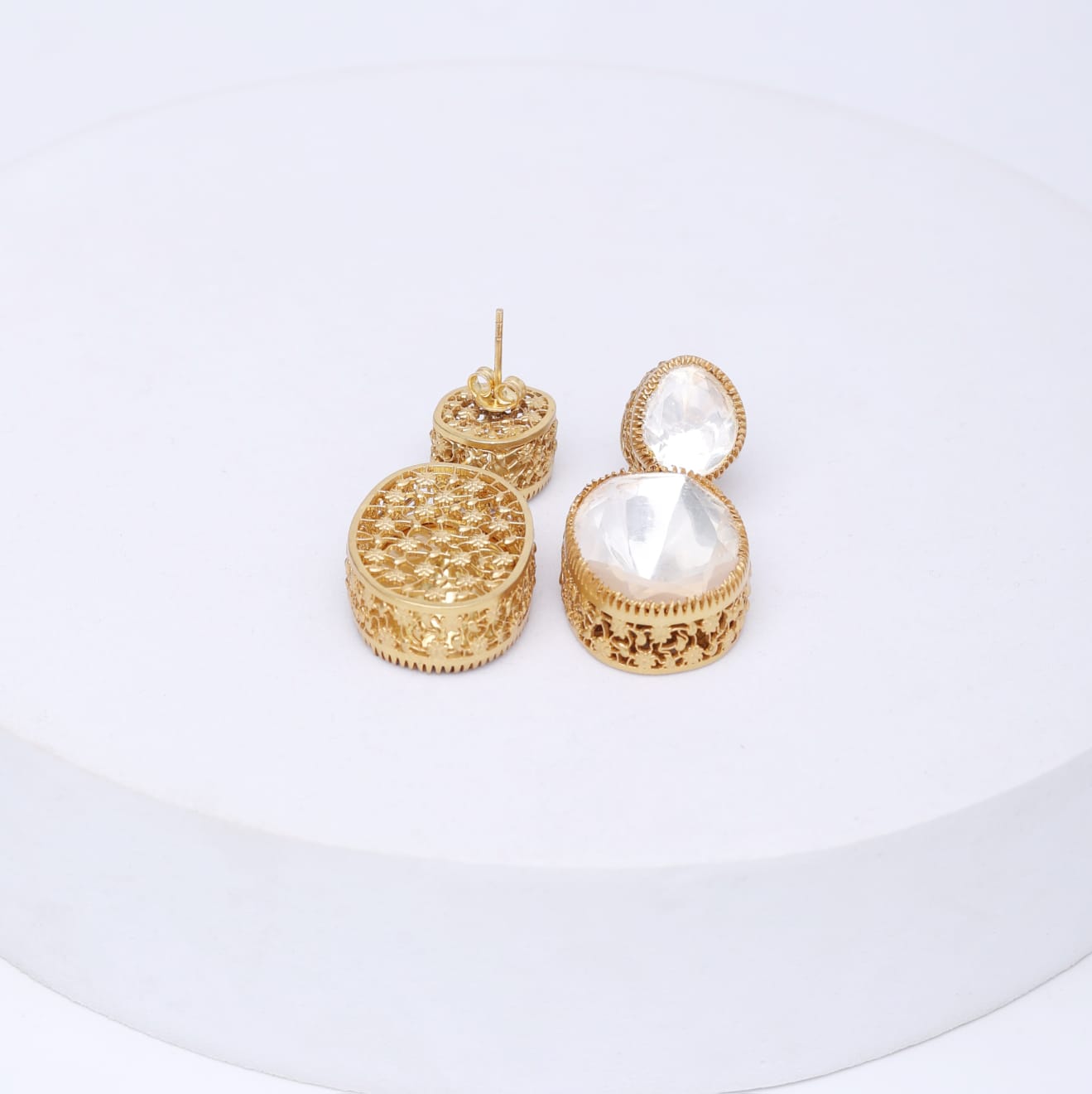 Moissanite earrings with Moissanite polkis, Sterling silver with 24 k plating.