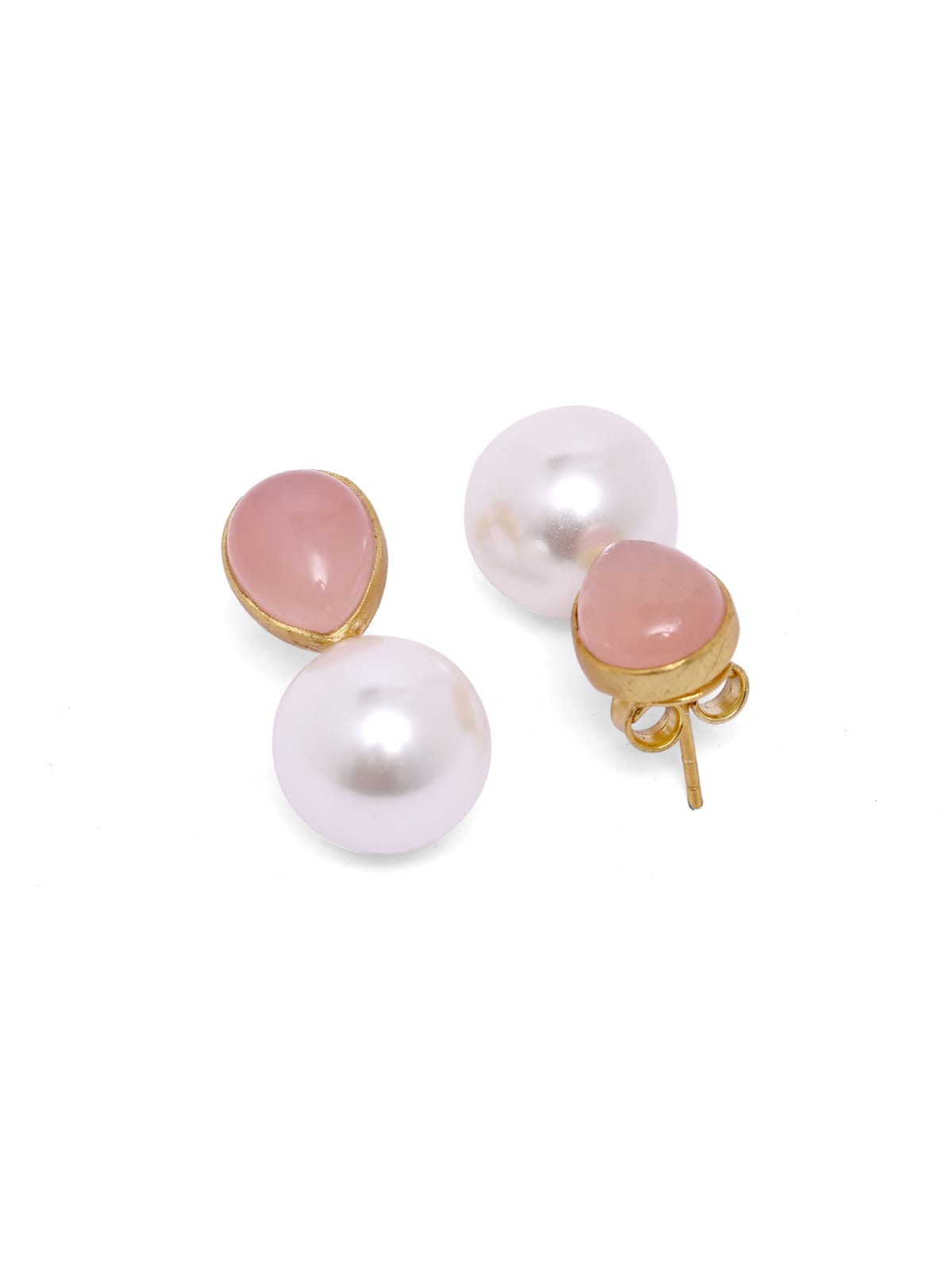 Rose Earrings in Rose Quartz with Swarovski pearl earrings, set in 92.5 sterling Silver in 1 micron Gold plating.