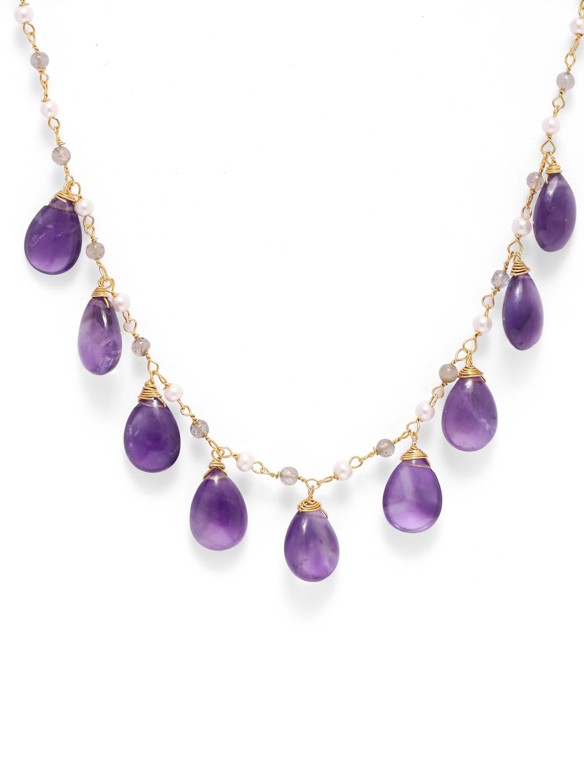 Raindrops necklace in 92. 5 Sterling Silver with Amethyst strung with Labradorite and Pearls in 1 micron Gold plating.
Length- 16-18 inches adjustable.