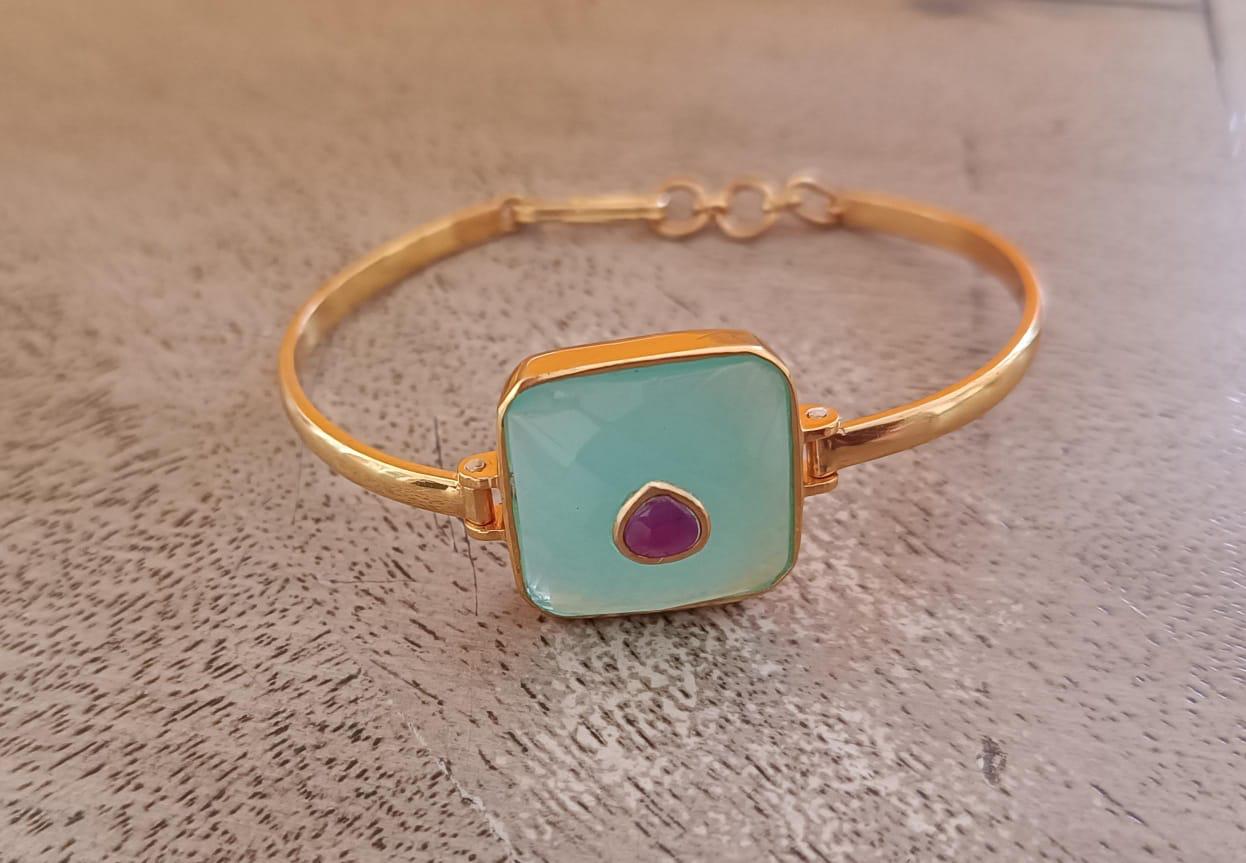 Handcrafted 92.5 sterling Silver Aqua bracelet with faceted aqua Chalcedony and ruby, adjustable.