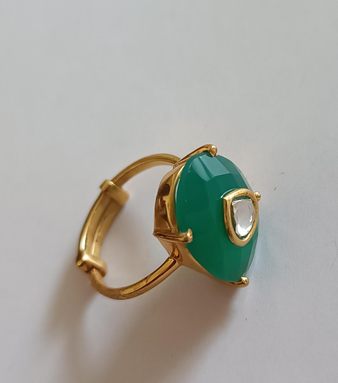Hariyali ring 92.5 Sterling Silver ring with faceted green Onyx and Billor Polki, adjustable in 1 micron Gold plating.