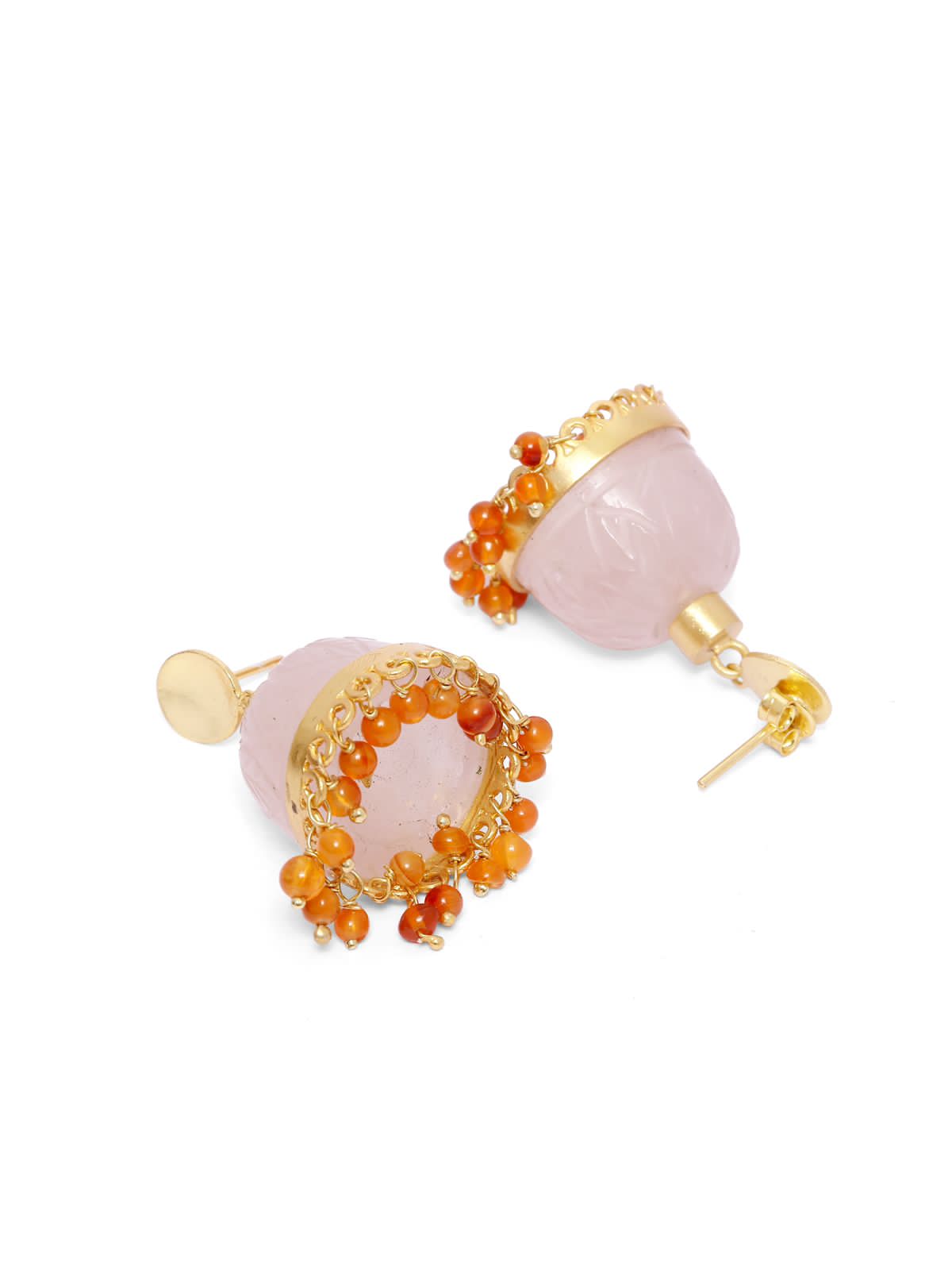 Hand carved rose Quartz blush jhumka with carnelian beads, handcrafted in 92.5 sterling Silver with 1 micron Gold plating in Push and Post closure.