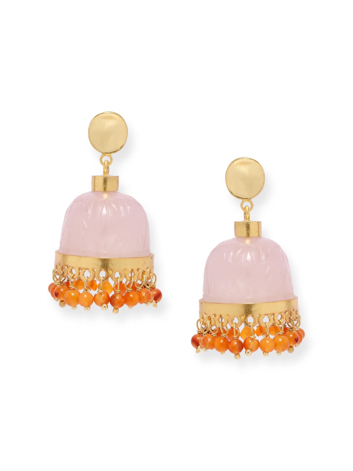 Hand carved rose Quartz blush jhumka with carnelian beads, handcrafted in 92.5 sterling Silver with 1 micron Gold plating in Push and Post closure.