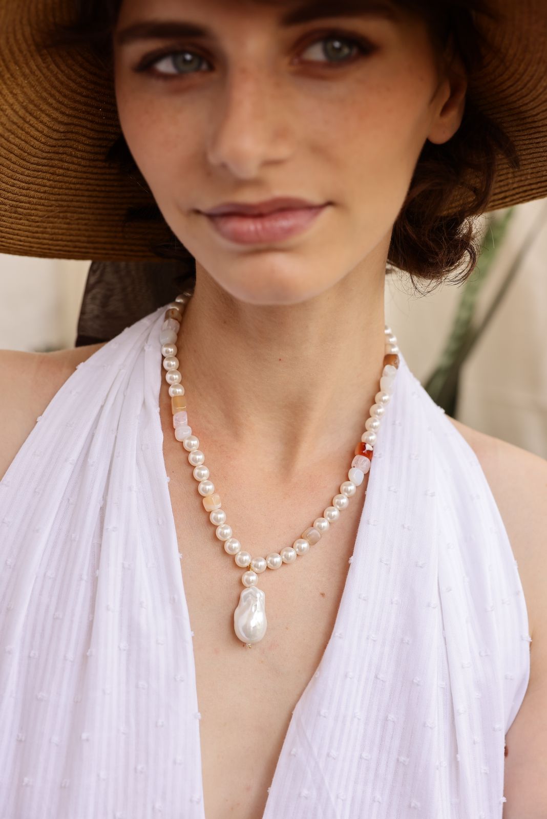 92.5 Sterling Silver and Gold plated pearl and multi colour quartz with Baroque Pearl.