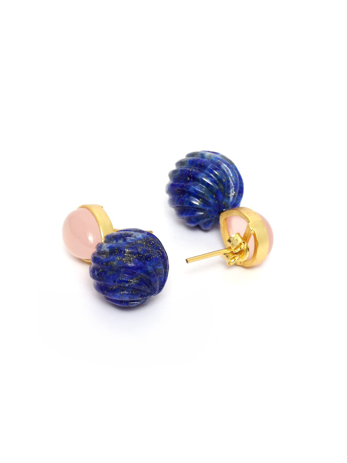 Pink chalcy dony and carved lapis lazuli earrings in 92.5 Sterling Silver with 1 micron Gold plating.