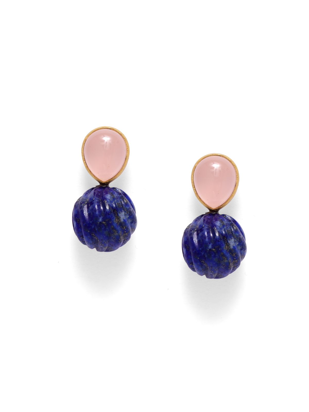 Pink chalcy dony and carved lapis lazuli earrings in 92.5 Sterling Silver with 1 micron Gold plating.