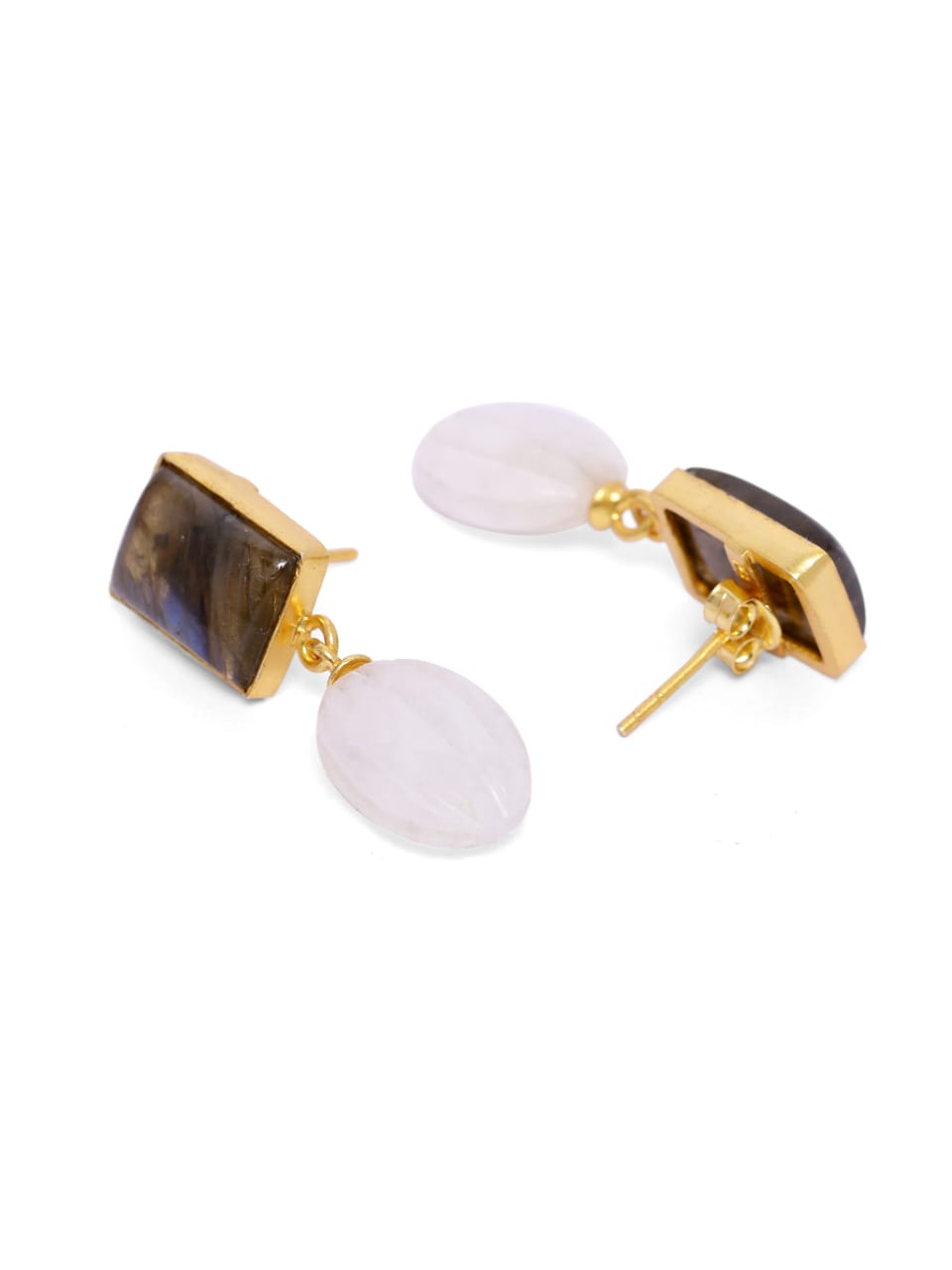 Parth Earrings in 92.5 Sterling Silver in gold plating with Labradorite and Moonstone drop earrings.