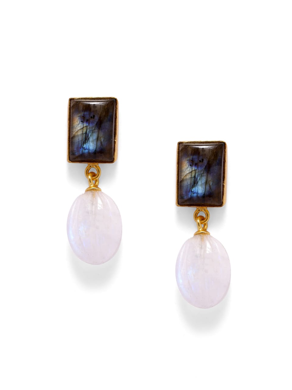 Parth Earrings in 92.5 Sterling Silver in gold plating with Labradorite and Moonstone drop earrings.