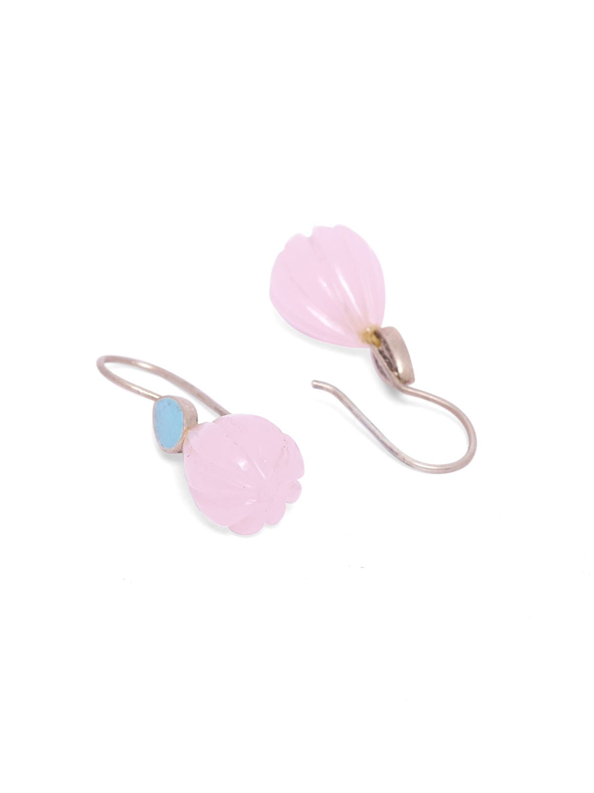 Enamel carved rose Crescent earrings in 92.5 Sterling Silver with carved rose Quartz drops and blue Enamel with 1 micron Gold plating.