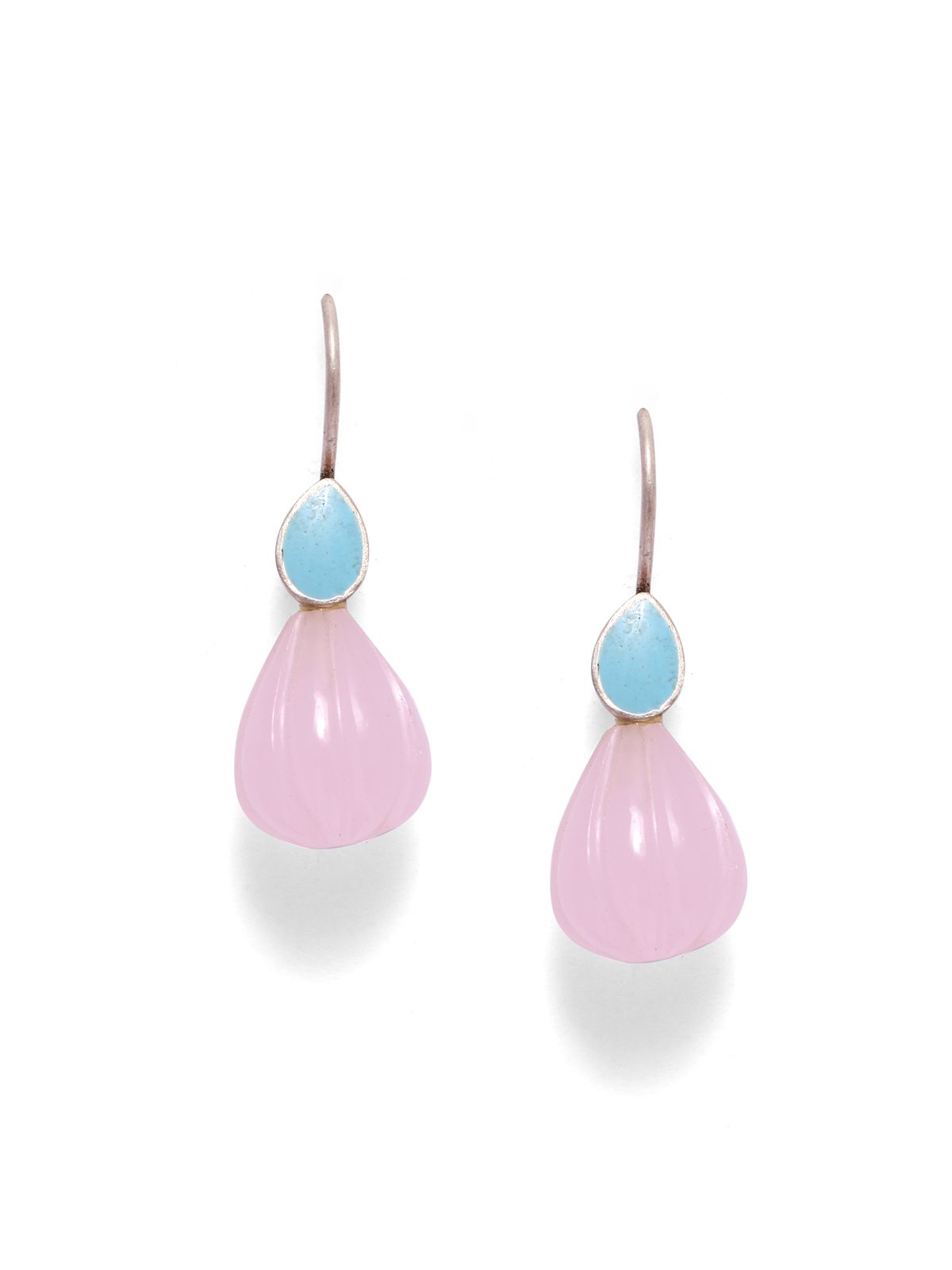 Enamel carved rose Crescent earrings in 92.5 Sterling Silver with carved rose Quartz drops and blue Enamel with 1 micron Gold plating.
