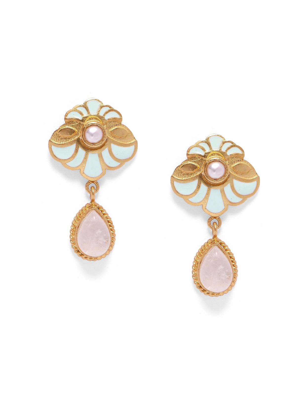 Sky blue enamelled drop earrings in 92.5 Sterling Silver sky blue Enamel with Pearls and moonstone drops with 1 micron Gold plating.