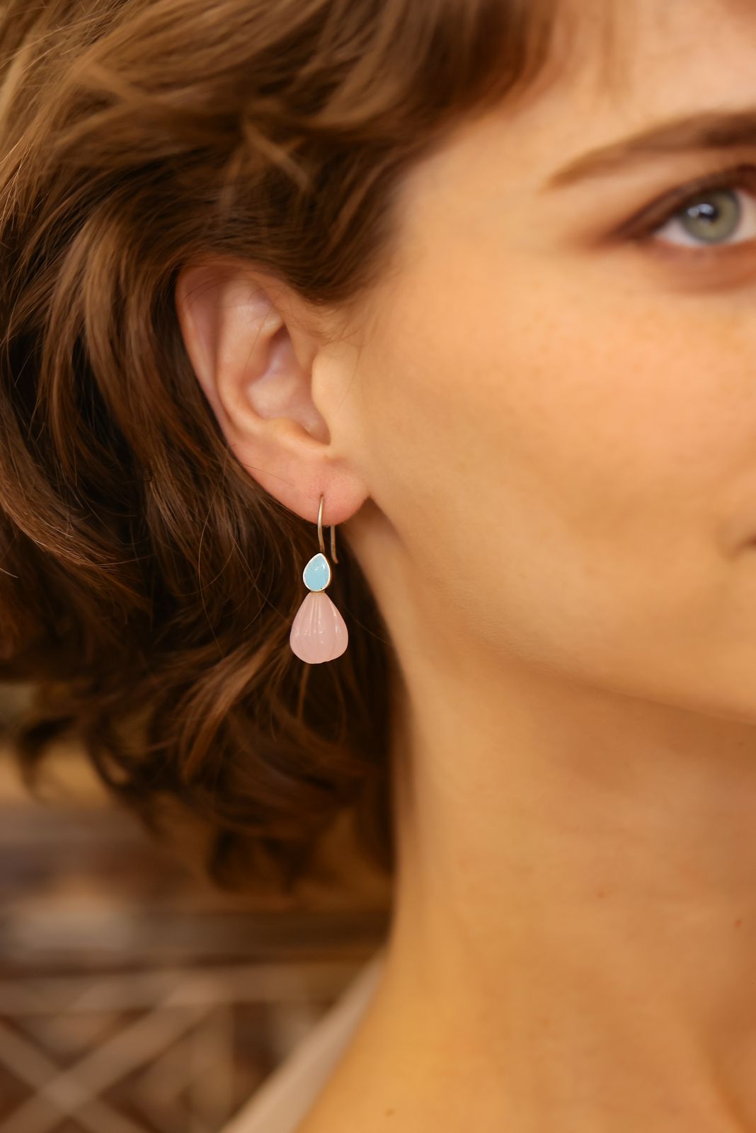 Enamel carved rose Crescent earrings in 92.5 Sterling Silver with carved rose Quartz drops and blue Enamel with 1 micron Gold plating.