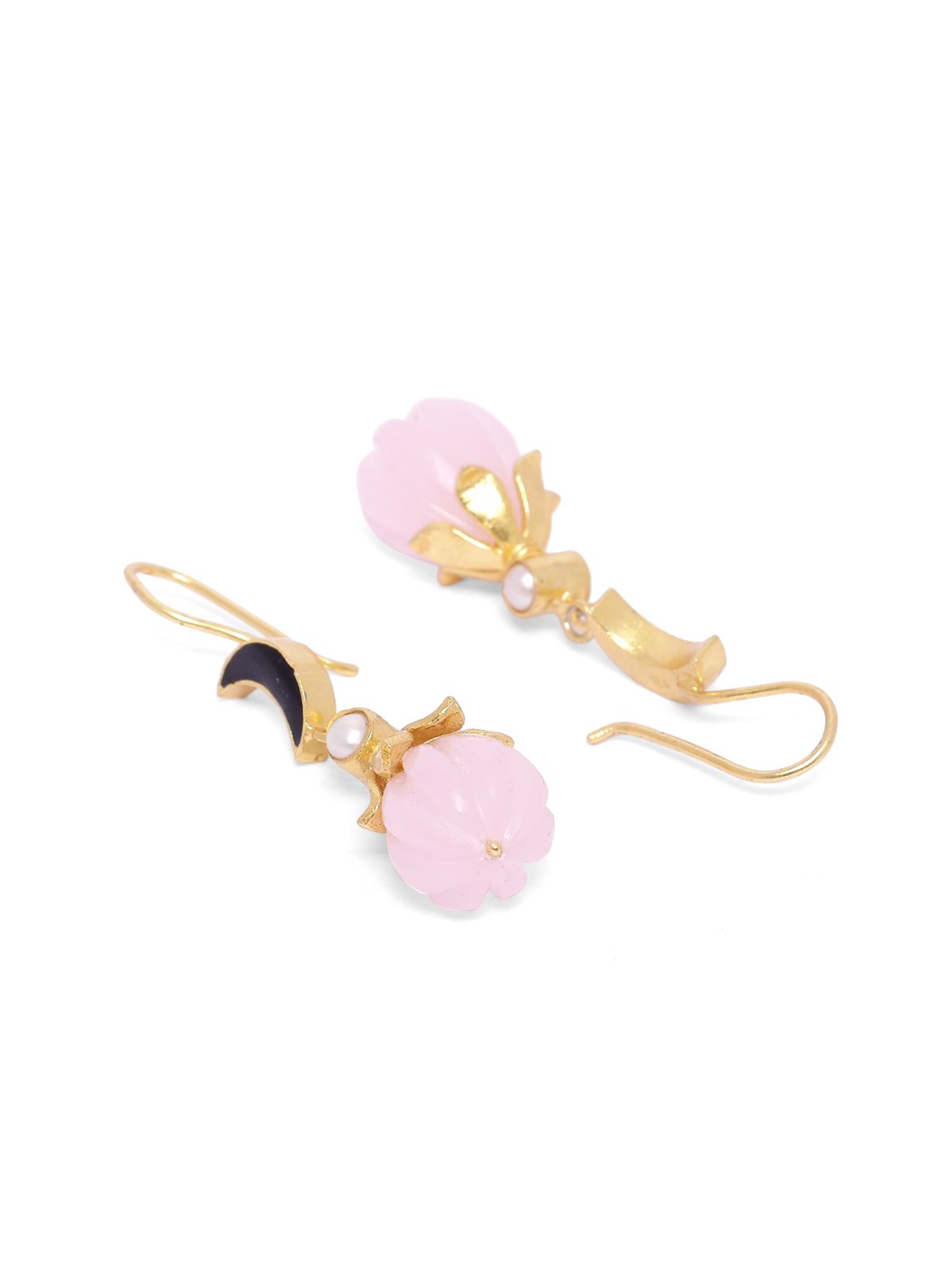 Crescent drop earrings in 92.5 Sterling Silver crescent with carved rose Quartz drops and blue Enamel with 1 micron Gold plating.