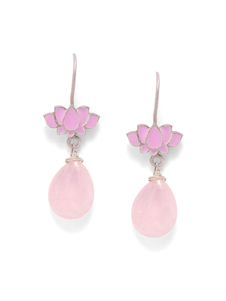 Earrings in 92.5 Sterling Silver in
Enamel and rose quartz Drop,
Kamal earrings.