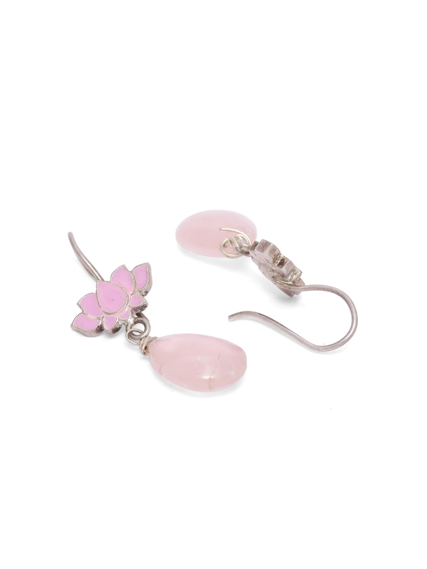 Earrings in 92.5 Sterling Silver in
Enamel and rose quartz Drop,
Kamal earrings.