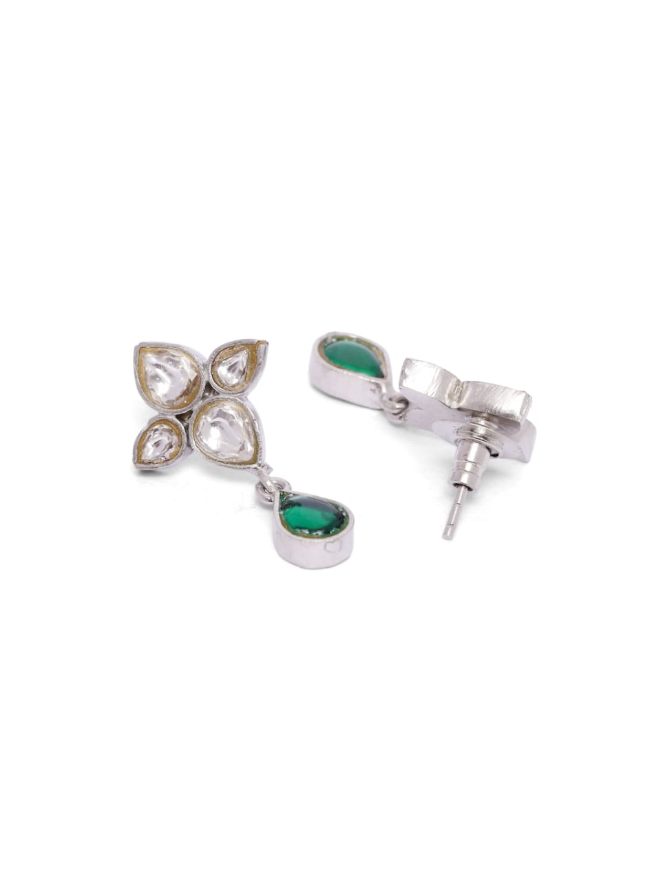 Kumud Earrings in 92.5 Sterling Silver Polki earrings with Jadau polki and green Onyx Drops.